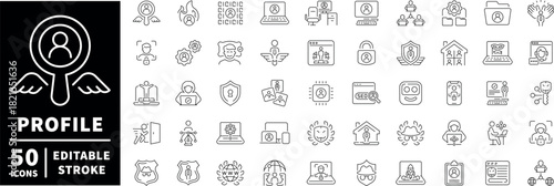 Profile and security icons set. editable line icons, outline, user, privacy, protection