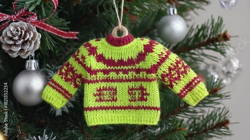 Knitted sweater ornament displayed on a festive Christmas tree, showcasing vibrant colors and intricate patterns, camera zooms in for detail
