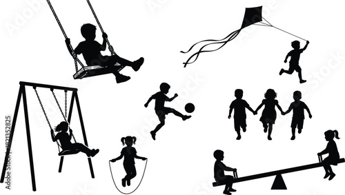 Vector Silhouettes of Kids Playing Outdoors, Featuring Swing Sets, Soccer, Flying a Kite, Jumping Rope, and Teeter-Totter, Symbolizing Childhood Fun, Playtime, Energy, and Recreation Activities.
