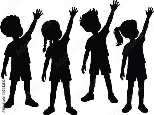 Vector Silhouettes of Diverse Children Raising Hands in the Air, Symbolizing Celebration, Volunteering, Answering Questions, Cheering, Teamwork, and Participation in School or Group Activities.