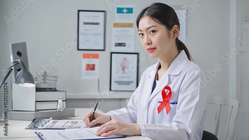 Asian female healthcare professional writes notes for World AIDS Day awareness, showcasing dedication and compassion, camera pans and zooms in
