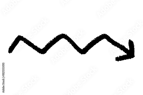 Hand drawn doodle arrow in black charcoal style, freehand curved motion used in diagrams, vector marker texture with rough edges and grain.