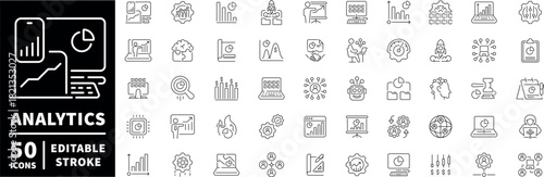 Analytics icons set - editable line icons, outline, statistic and data symbols