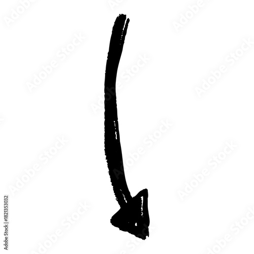 Hand drawn black charcoal doodle arrow used in freehand diagrams, vector marker style drawing with rough sketch texture and scribbled curved direction.