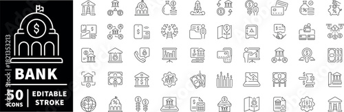 Bank and finance icons set. editable line icons, outline, business symbols collection