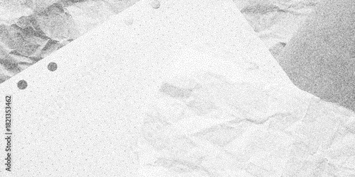 Black dusty textured background with noisy dotted grain and layers of crumpled grid paper. Retro grunge halftone overlay with worn folds and soft torn notebook edges.