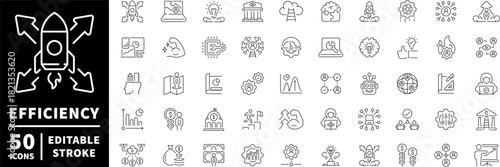 Efficiency icons set: editable line icons, linear workflow, productivity visuals