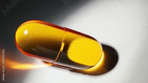 Orange capsule moves dynamically across a smooth surface, highlighting its glossy texture and vibrant color, with a flowing camera motion