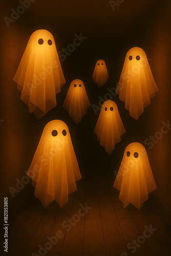Glowing halloween ghosts floating in a dark mysterious and spooky setting