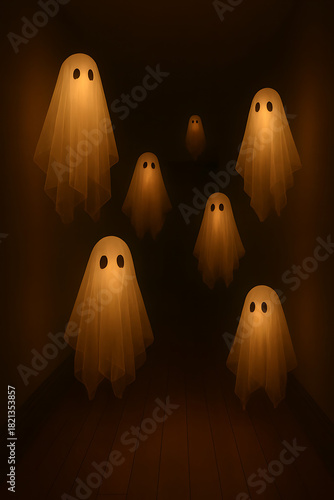 Several glowing ghosts float in a dark spooky and atmospheric setting