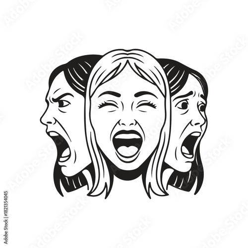 😱 Three Faces of Woman Screaming Expressing Strong Emotion Vector