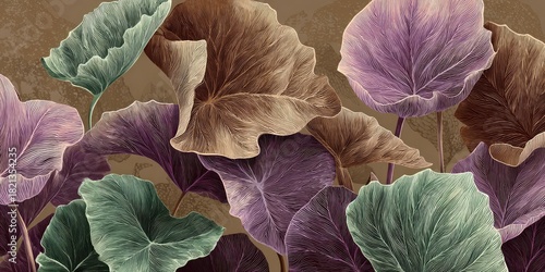 Artistic depiction of large, stylized leaves in muted tones of purple, brown, and green against a backdrop