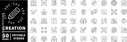 Creation vector icons. Editable line icons related to creativity, design, and media symbols