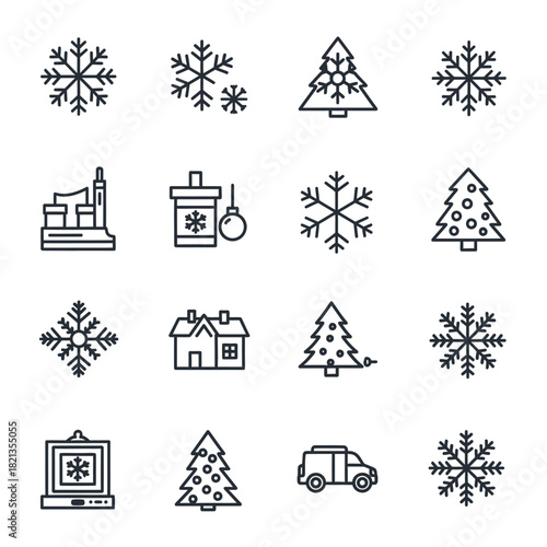 Collection of minimalist black outline Christmas and winter icons, featuring snowflakes, decorated trees, house, and gifts.