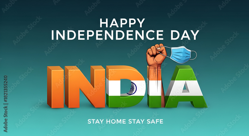 Fototapeta premium greeting, independence, three-dimensional, front, idea, nation, commonwealth, festival, flag, freedom, happy, holding, illustration, india, indian, letter, mask, pigeon, wallpaper, wearing, august, ba