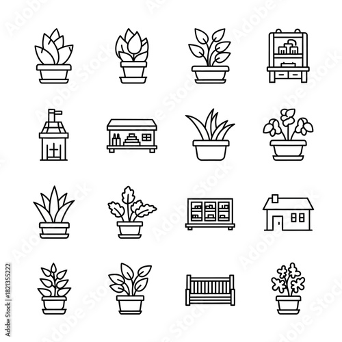 Collection of Minimalist Line Art Icons Featuring Plants, Shelves, and a House.