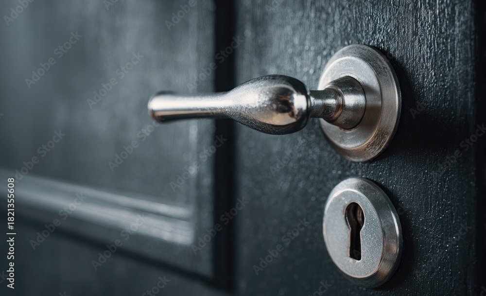 Obraz premium Close-up of a tarnished, metallic door handle and keyhole on a dark, textured panel