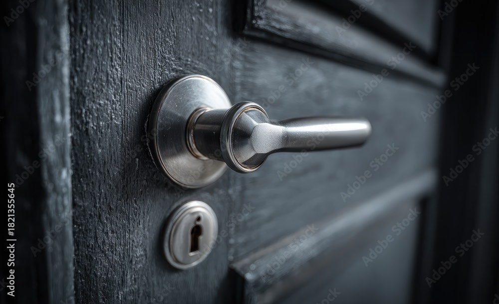 Obraz premium Close-up of a weathered, dark door featuring metallic handle, keyhole, and textured surface