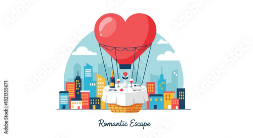 Heart shaped hot air balloon floats above a romantic dinner setting with wine and a rose overlooking a colorful cityscape