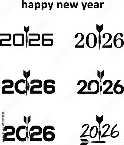 Happy New Year 2026 Typography with Dart Symbol: Vector Set Representing Business Goals, Precision, New Year Target, Success, and Hitting the Mark Concept