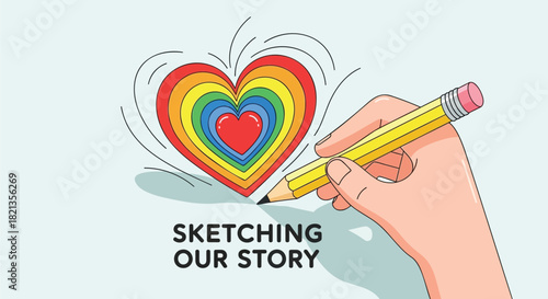 Hand drawing a rainbow heart with concentric layers and radiating lines symbolizing love and creativity