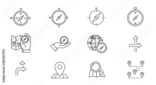Collection of Minimalist Black and White Compass Icons for Navigation and Direction.