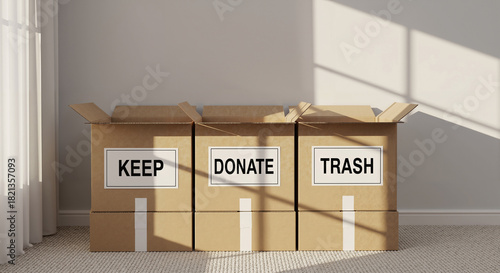 Keep, Donate, and Trash boxes for decluttering and home organization during a spring clean or move.