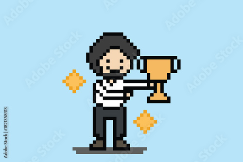 Business cartoon leader, winner, ambition, award, achievement with idea corporate character office work 8 bit pixel design art.