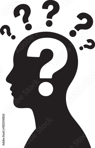Human head silhouette with question marks symbolizing confusion and inquiry