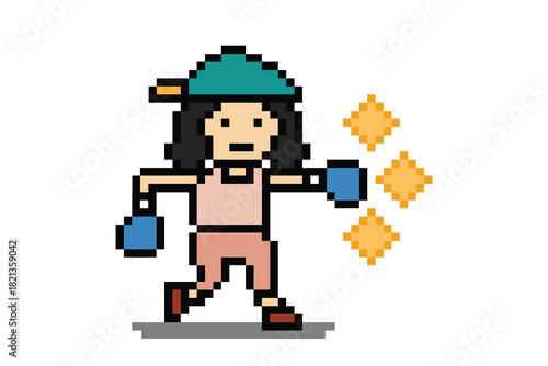 Cartoon 8 bit woman punch boxing jab exercise with active lifestyle girl home workout gym fitness boxer decor.