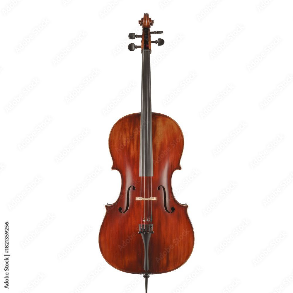 Fototapeta premium A classic wooden cello, a large string instrument, showcasing its rich brown finish, stands vertically on a solid transparent background. background removed