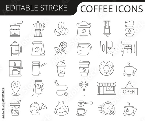 Coffee, Café, and Barista Line Icons Set Editable Stroke