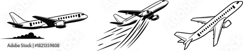 Three airplane illustrations in different flight positions with black and white design