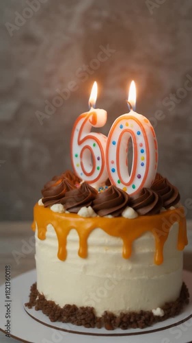 Decorated cake with candle in number 60. Video for birthday or anniversary party and celebration