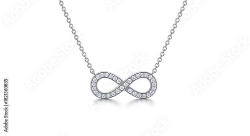 Wallpaper Mural Elegant sterling silver infinity pendant necklace featuring a sparkling figure-eight symbol encrusted with pave-set diamonds or cubic zirconia crystals isolated on a clean white background. Torontodigital.ca