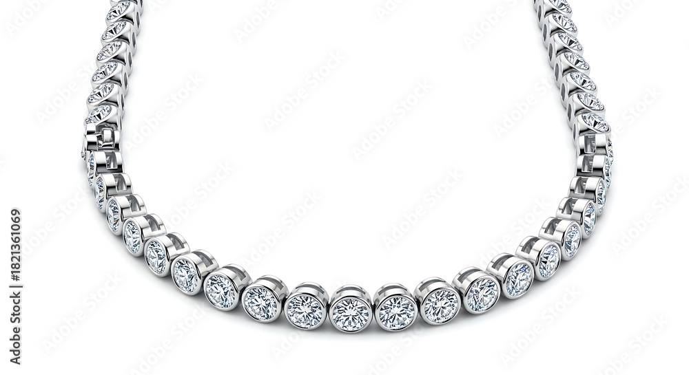 Obraz premium Luxurious diamond tennis necklace featuring a continuous row of round brilliant-cut gemstones set in polished white gold or platinum isolated on a clean white background.