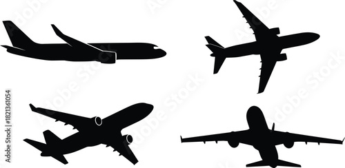 Aviation silhouette collection four airplane views in black and white