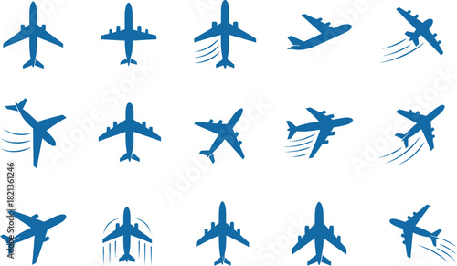 Collection of blue airplane silhouettes flying with motion lines on white