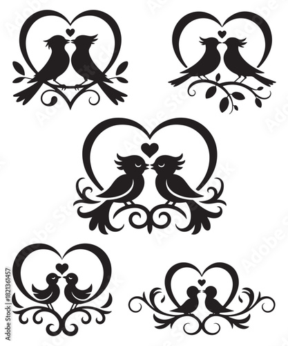 Lovebirds Heart Silhouette Vector Set for Valentine Day.