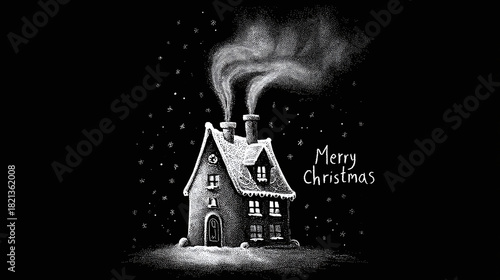 Whimsical black and white illustration of a gingerbread house with smoke billowing from the chimney and merry christmas text above