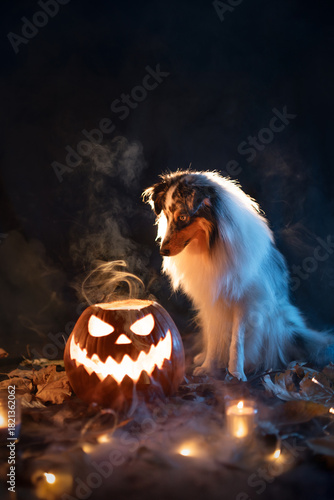 Sheltie dog with a Halloween pumpkin