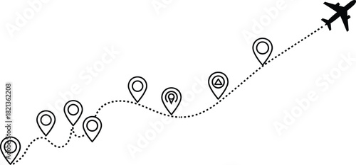 Airplane flight path with location pins on a dotted line route