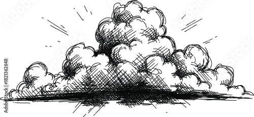 Monochrome mountain range sketch with light rays
