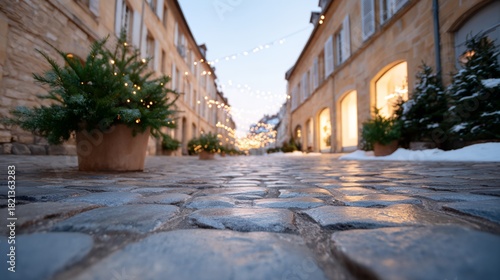 Fototapeta Naklejka Na Ścianę i Meble -  Street with a cobblestone walkway and potted plants