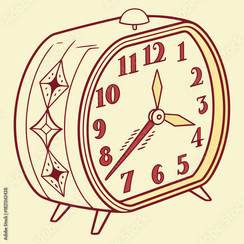 Retro Alarm Clock with Diamond Pattern and Bell Showing Time
