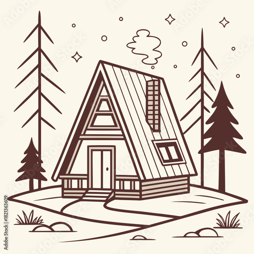 Stylized AFrame Cabin with Chimney and Pine Trees Illustration
