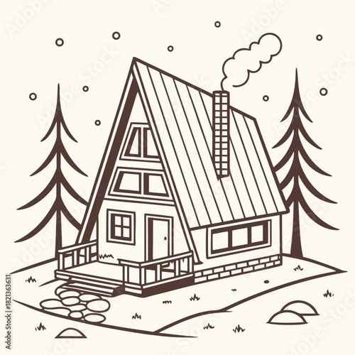 Stylized AFrame Cabin with Smoke Trees and Snowfall Illustration