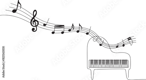 Music notes continuous line drawing with piano. one line Icon drawing with white background