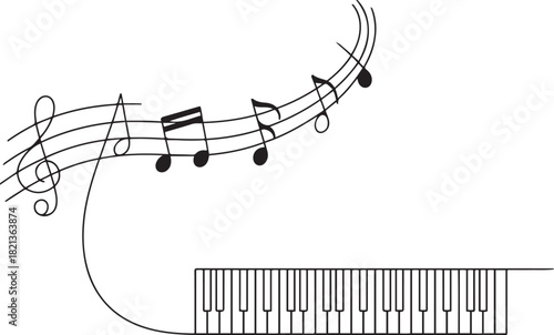 Music notes continuous line drawing with piano. one line Icon drawing with white background