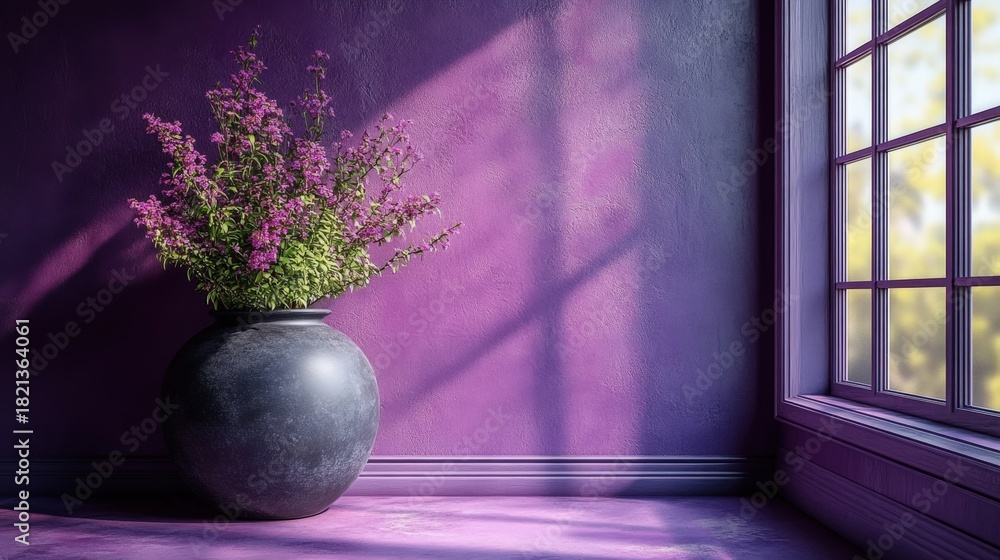 Fototapeta premium A beautiful vase filled with vibrant purple flowers is displayed on a windowsill within a room featuring a purple wall and warm wooden flooring. Creates a calming and elegant atmosphere.